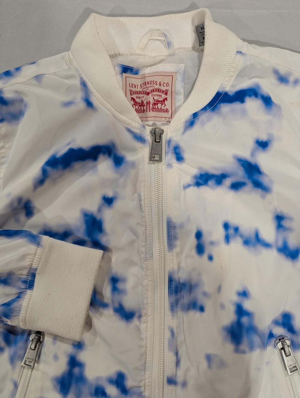Levi's Jacket Mens XL White Blue Print Bomber Full Zip Pockets Lined Lightweight